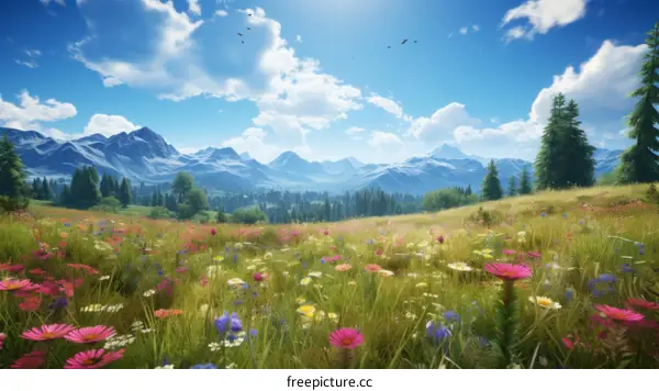 Alpine meadow in full bloom with wildflowers and a mountain landscape in the distance