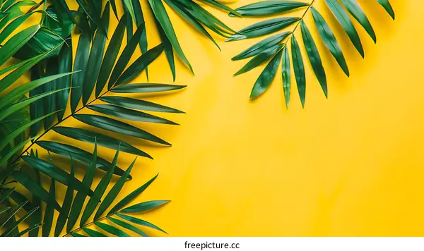 Green Tropical Leaves on Yellow Background