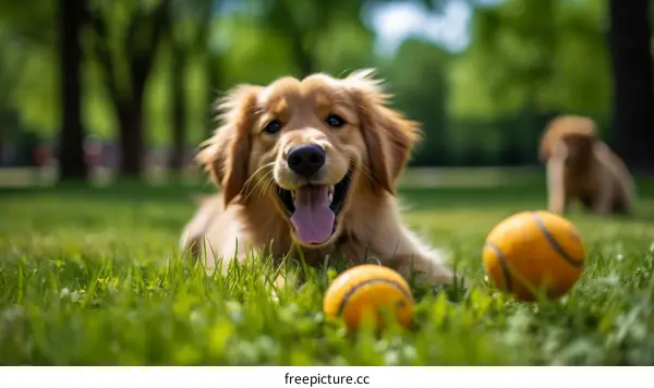 Golden Retriever Puppy Playing with Balls in the Park