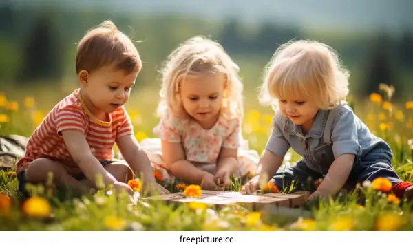 Three toddlers playing with wooden blocks in a field of flowers