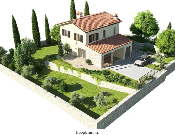 Modern Two Story House With Stone Walls and Green Garden