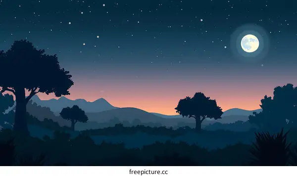Night Sky Illustration With Stars And Full Moon Over Mountains
