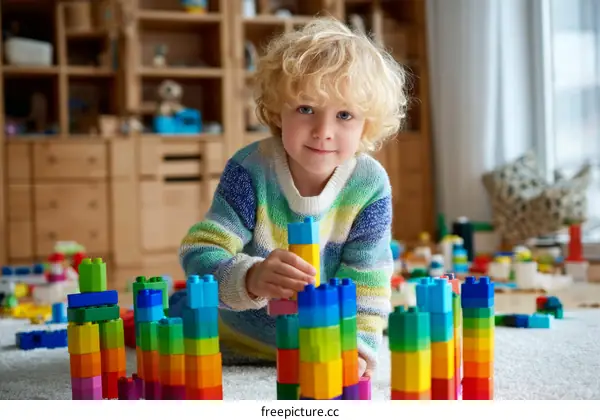 Toddler Playing with Colorful Building Blocks at Home