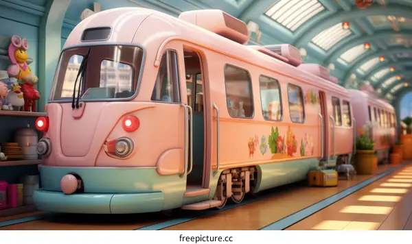 A pink and blue train is parked in a station.