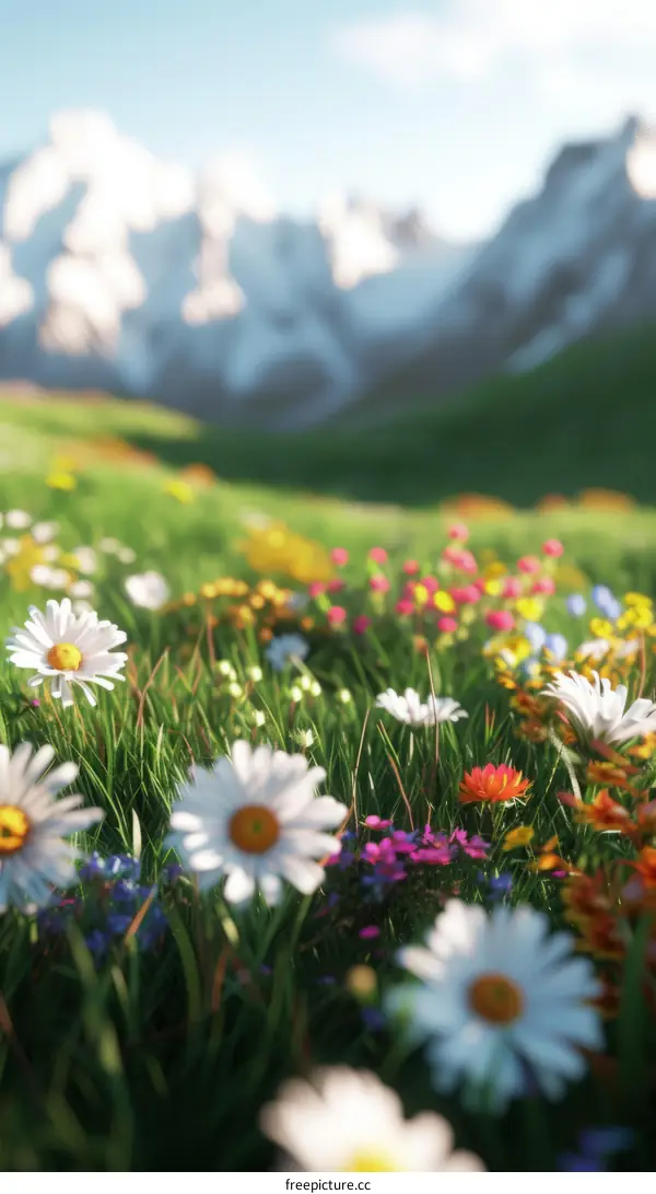 Field of flowers with snow capped mountains in the distance