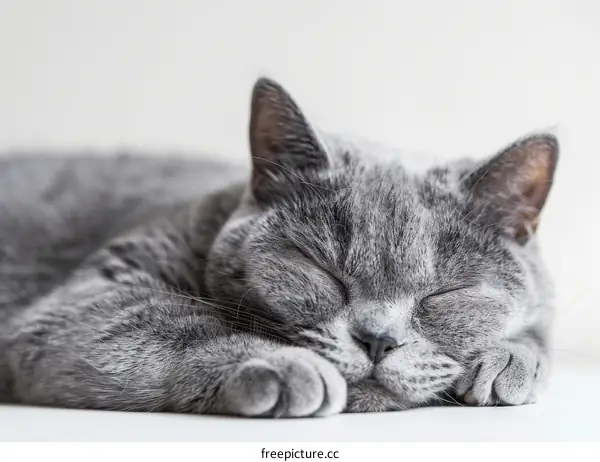 A gray cat is sleeping soundly on a white table.