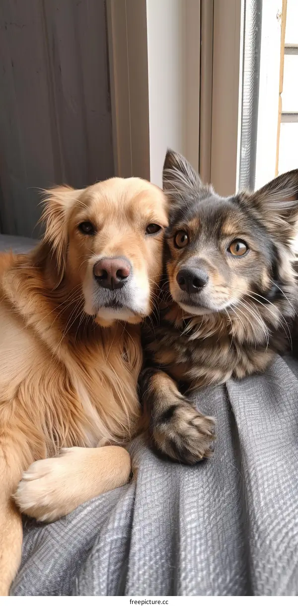 A Golden Retriever and a mixed-breed dog lying together on a couch