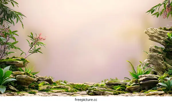Green Mossy Rocks on a Blurry Background
