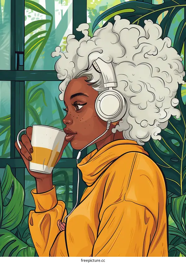 A young black woman with white curly hair listening to music and drinking coffee