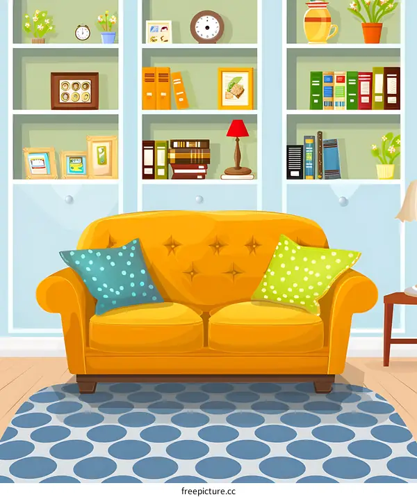 Cozy Living Room Illustration with Bookshelves and Sofa