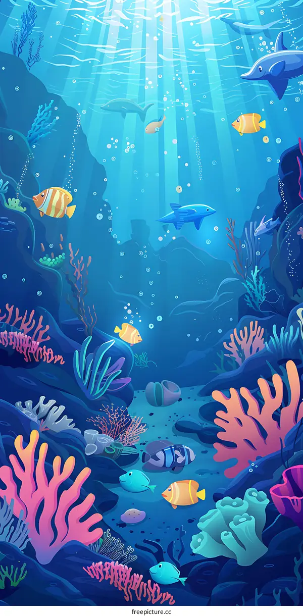 Underwater World Illustration with Colorful Corals and Fish