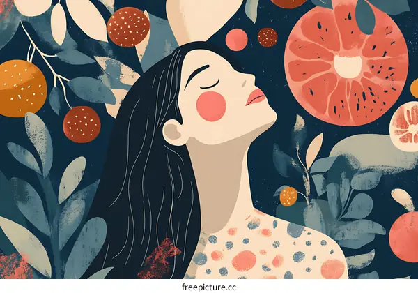 Woman with Flowers and Fruits Around Her