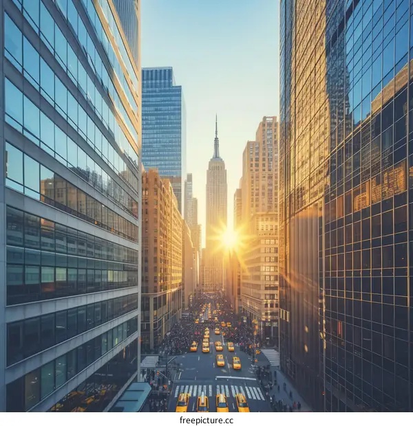 Crowded New York City street with Empire State Building in the distance