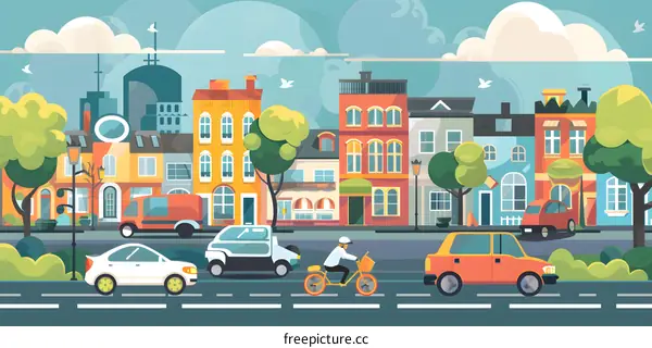 Cartoon City Street Illustration With Cars And Cyclist