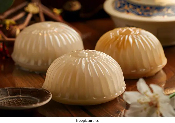 Close Up of Three Traditional Chinese Desserts on Wooden Table