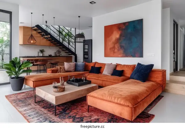 Modern Living Room Interior Design with Orange Sofa