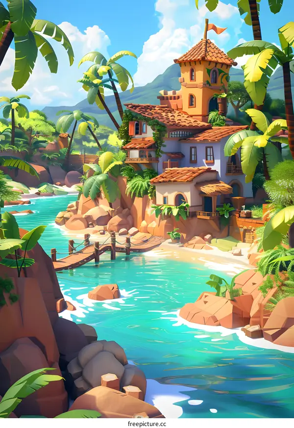 Tropical Island Beach House Illustration