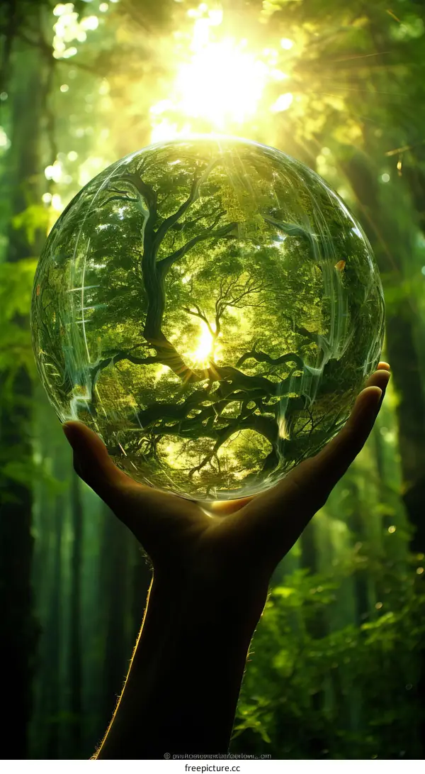 A hand holding a crystal ball with a forest inside