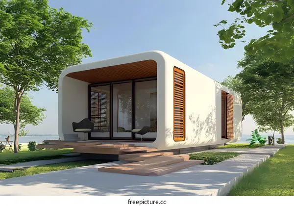 Modern Minimalist House with Curved Design and Wooden Accents