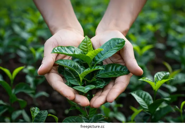 A farmer holding a handful of tea leaves