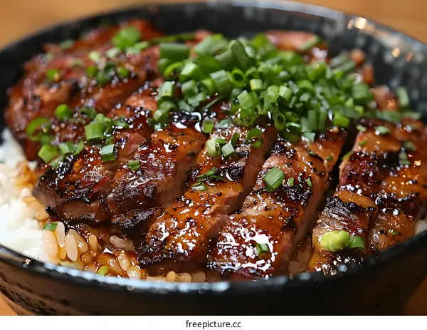 Close-up shot of sliced grilled pork with rice