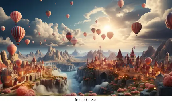Fantasy landscape with a castle, mountains, river and hot air balloons