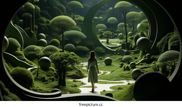 Woman walking in a surreal green garden