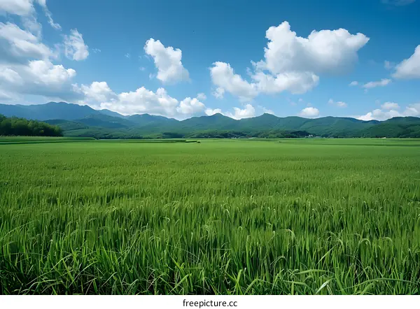Vast green rice field with mountains in the background