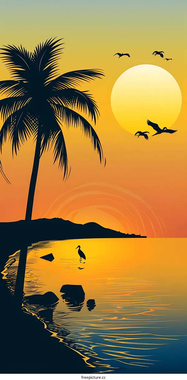 Tropical Sunset with Palm Tree and Birds