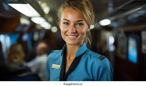 Portrait of a smiling young blonde woman in a blue uniform