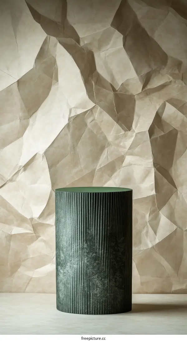 Modern Green Cylindrical Display Stand on Crumpled Paper Background