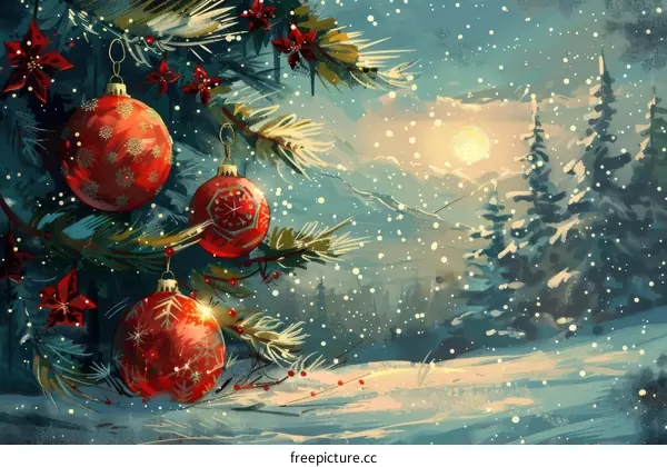 Christmas Winter Wonderland Illustration with Santa Claus and Reindeer