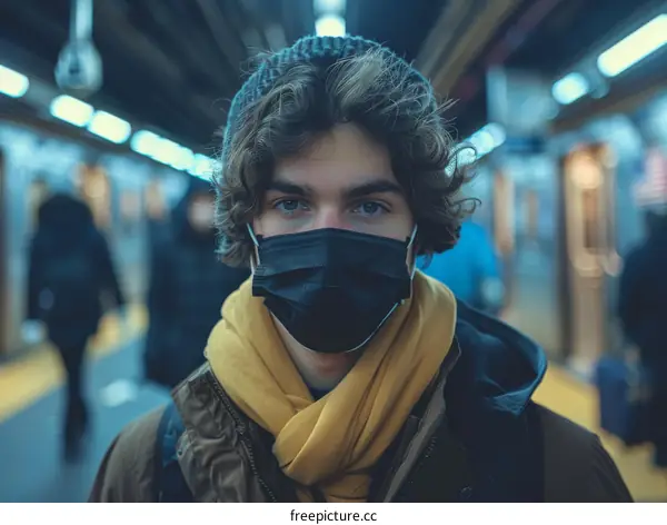 Portrait of a young man wearing a mask in a subway station