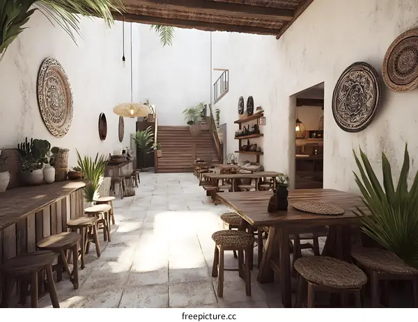 Rustic Courtyard Cafe Interior Design with Wooden Tables and Stools