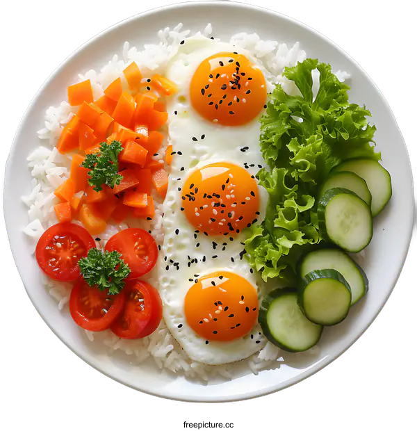 [Transparent Background PNG]Fried Eggs with Rice, Carrots, Tomatoes and Cucumbers