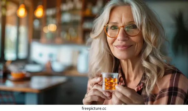 Smiling senior woman holding a container of pills