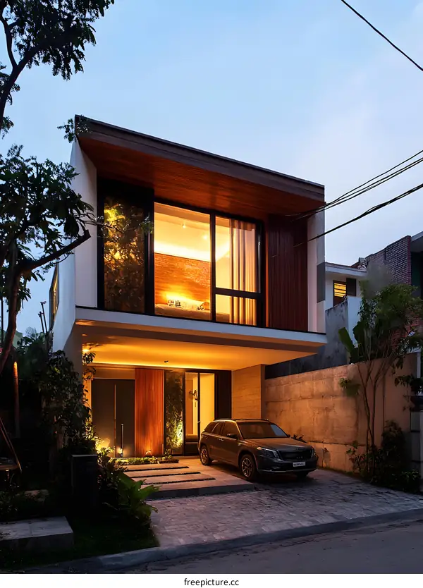 Modern House with Car in the Driveway at Night
