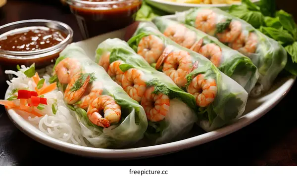 Fresh and delicious Vietnamese spring rolls with shrimp, vegetables, and rice noodles