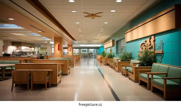 A hospital hallway with a green wall and wooden benches