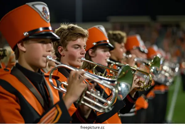 High school marching band trumpet section playing at a football game