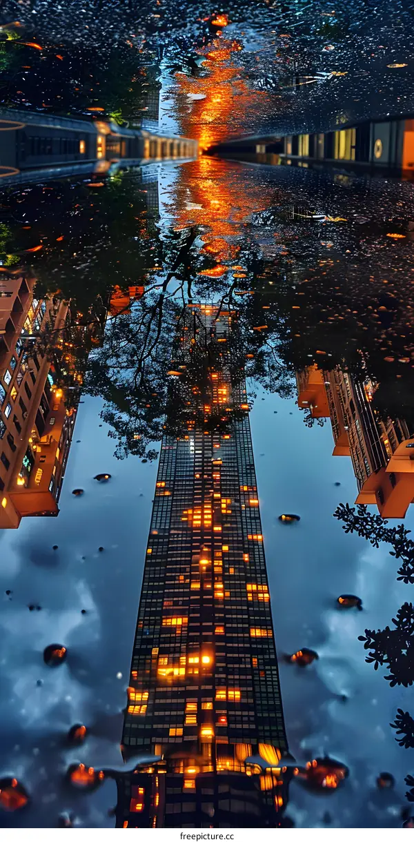 Cityscape Reflection in Puddle After Rain