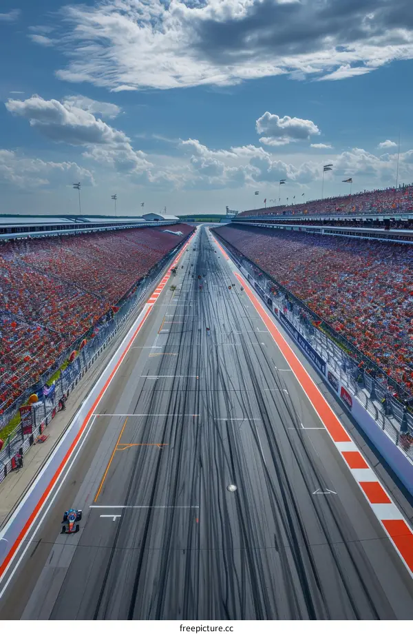 Aerial view of a racetrack with a large crowd in the stands