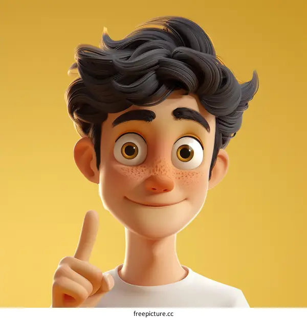 3D Render of a Young Man with Dark Hair and Brown Eyes Raising His Index Finger