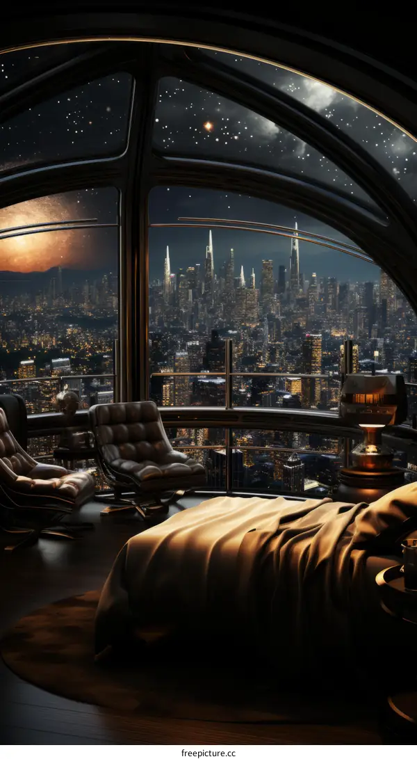 Futuristic cityscape bedroom interior with a view of the night city. 3D rendering