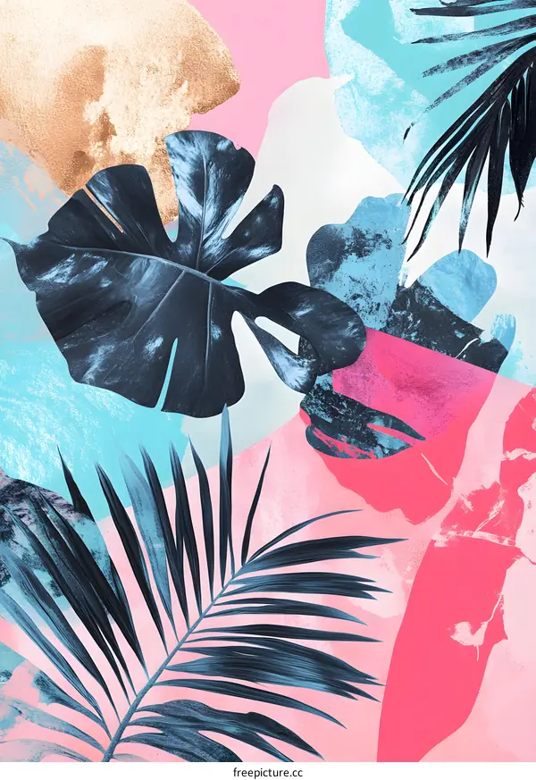 Abstract Tropical Leaves  Painting with Pink Blue Green Color