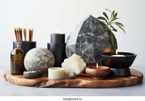 Black and white marble and wood home decor still life