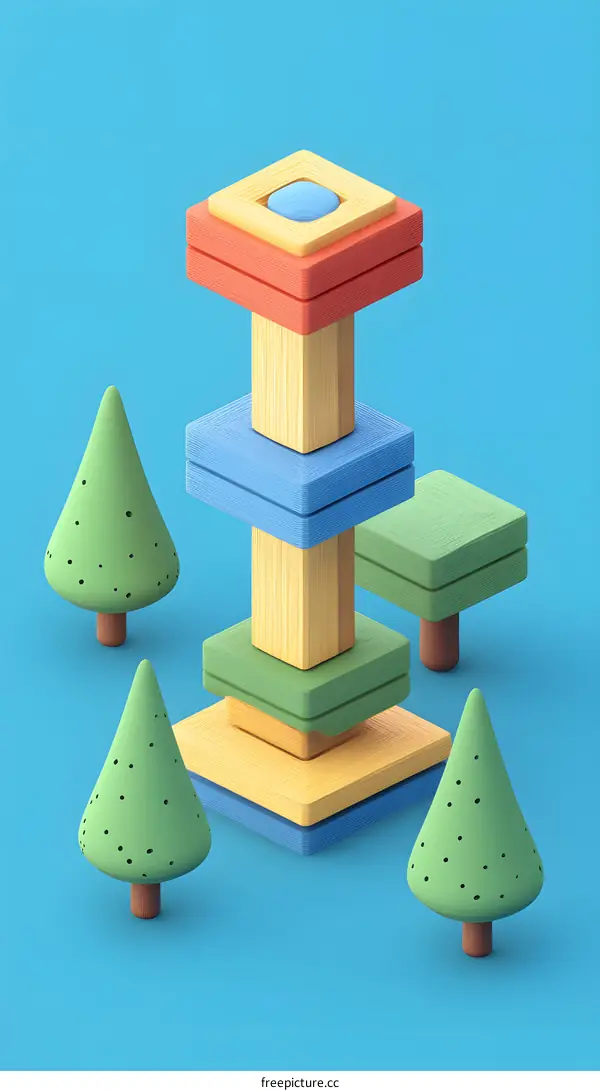 Abstract Minimalist 3D Illustration of a Tower Made of Colored Blocks and Trees on a Blue Background