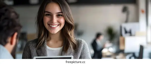 Smiling Woman Holding Tablet In Business Office