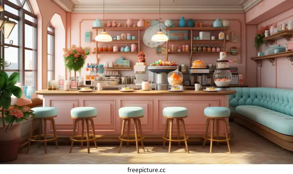Pink and Blue Cafe Interior Illustration