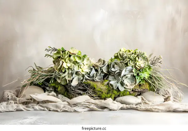 Green Succulent Centerpiece Arrangement On Wooden Log